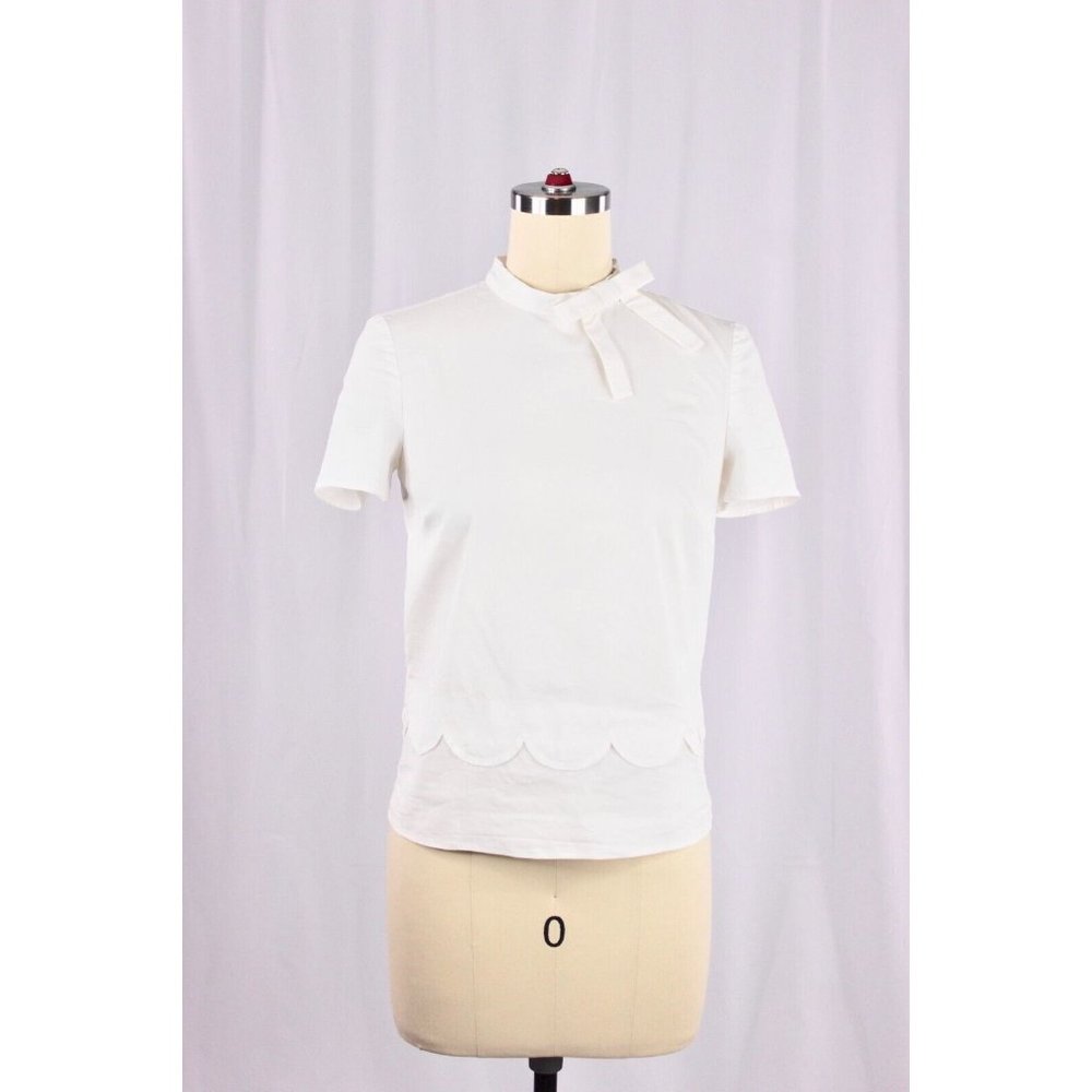 RED VALENTINO White Cotton Poplin Bow Detail Scalloped T-Shirt Top, Size 36 00
